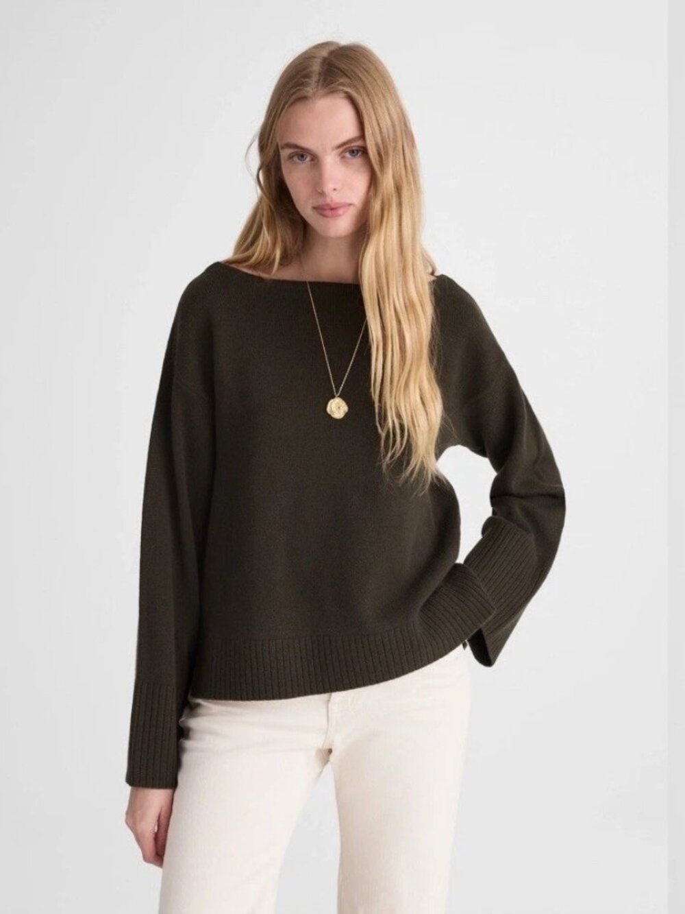 Madewell Olive Green Wide Cuff Boatneck Merino Wool Long Sleeve Sweater XS NWT